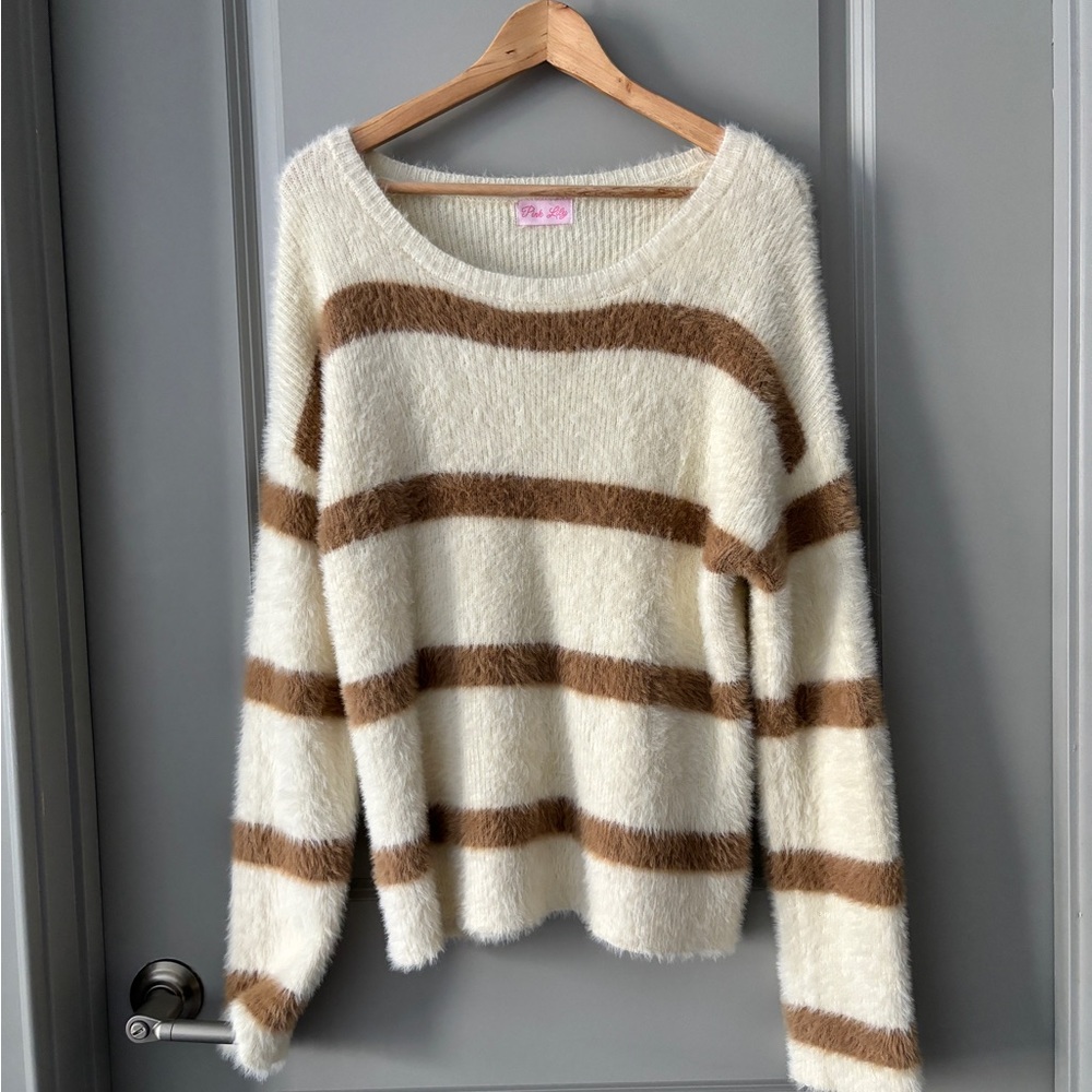 Pink Lily Striped Fuzzy Sweater